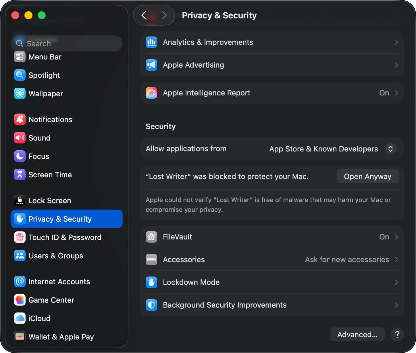 System Settings, Privacy and Security: “Lost Writer” was blocked to protect your Mac, with an Open Anyway button.